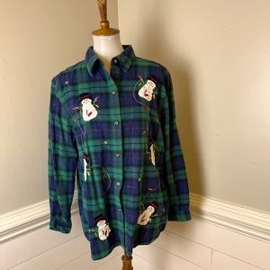 Victoria Jones Woman Cotton Plaid Christmas Snowman Shirt 1X FREE SHIP